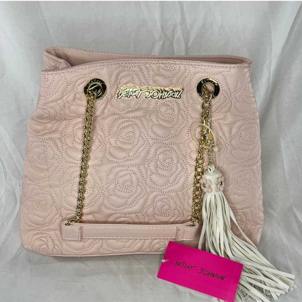 Betsey Johnson Pink Quilted Rose Floral Satchel Handbag Gold‎ Chain Tote Shopper